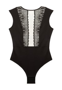 Black bodysuit features a sheer lace back panel with scalloped edges, sleeveless design, and snap closure at the bottom for convenience.