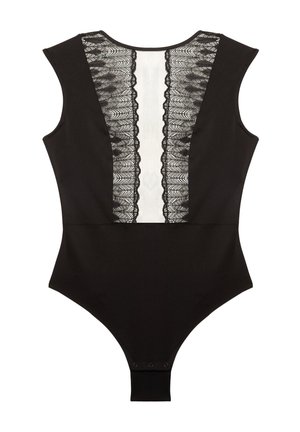 Zwarte bodysuit met een doorschijnend kantpaneel op de rug met geschulpte randen, mouwloos ontwerp en drukknoopsluiting onderaan voor gebruiksgemak.