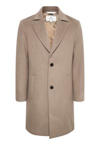 Abrigo de lana beige para hombre con solapas de muesca, dos botones negros, dos bolsillos laterales y forro interior de satén.