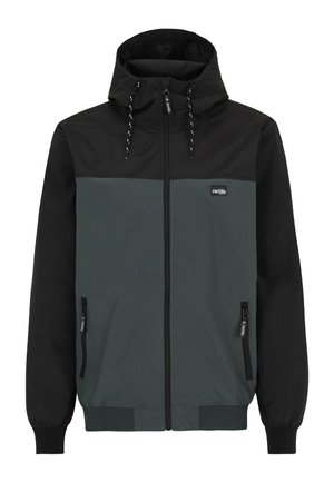 Herren schwarze und dunkelgraue Kapuzenjacke mit Frontreißverschluss, zwei Reißverschlusstaschen, elastischen Bündchen und Markenlogo auf der Brust.