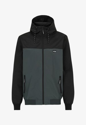 Herren schwarze und dunkelgraue Kapuzenjacke mit Frontreißverschluss, zwei Reißverschlusstaschen, elastischen Bündchen und Markenlogo auf der Brust.