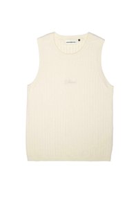 Cream-colored sleeveless top made of ribbed fabric, featuring a round neckline and subtle embroidered logo on the front.
