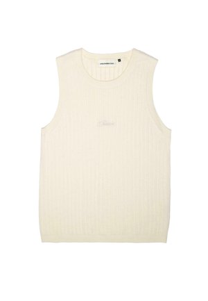 Cream-colored sleeveless top made of ribbed fabric, featuring a round neckline and subtle embroidered logo on the front.