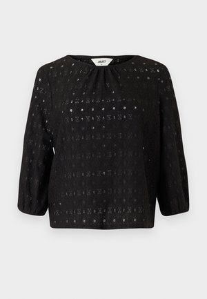 Black lace blouse with three-quarter puff sleeves, round neckline, and subtle floral cutout pattern, labeled "Object" size small.