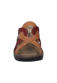 Leather sandal featuring orange and red bands with cross-over design, a cushioned beige insole, and a textured black rubber sole.
