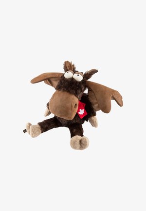 Gepufferter Elchspielzeug mit einem dunkelbraunen Plüschkörper, hellbraunen Akzenten, großen weißen Augen und einem roten Schal mit Ahornblattmuster.
