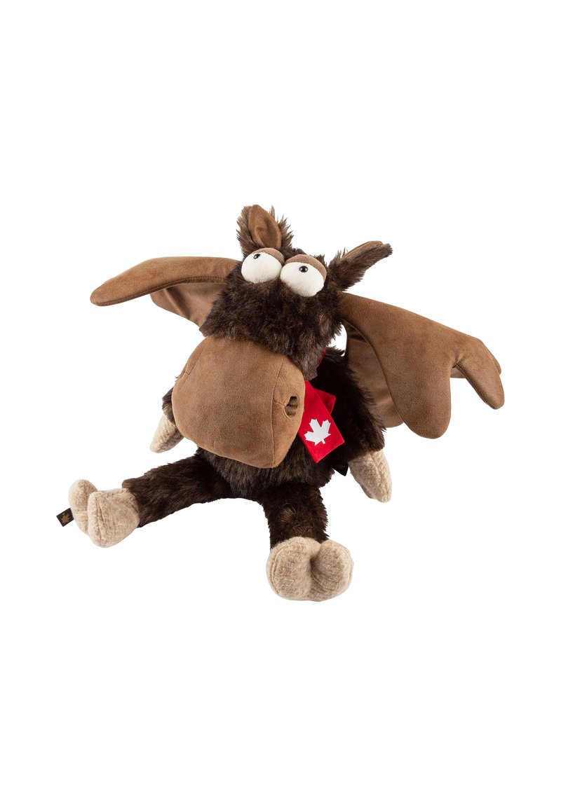 Stuffed moose toy with a dark brown plush body, tan accents, large white eyes, and a red scarf featuring a maple leaf design.
