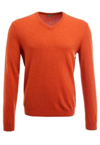 V-ringad tröja i klar orange, tillverkad av mjukt material. Har långa ärmar, ribbade muddar och nederkant, slät yta och minimalistisk design.