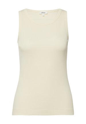 Cremefarbenes, ärmelloses, geripptes Tanktop mit rundem Ausschnitt und s.Oliver Markenetikett im inneren Kragen.