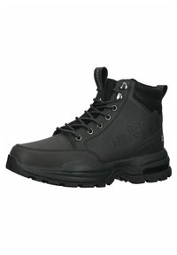 Botas de senderismo negras con parte superior de cuero liso y textil. Presentan un diseño con cordones, ojales reforzados y suela de goma texturizada para una mejor tracción.