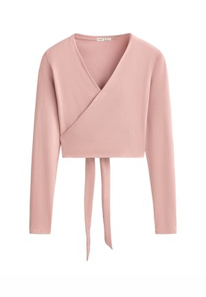 Top avvolgente a maniche lunghe di colore rosa chiaro, realizzato in tessuto a costine, con colletto a V profondo e due legature in tessuto in vita.