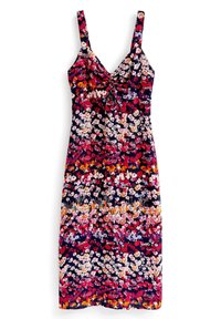Blumenmusterkleid mit dunkelblauem Hintergrund. Verfügt über dünne Träger, ein gerafftes Oberteil und ein knielanges Design. Die Farben umfassen Pink, Rot und Orange.