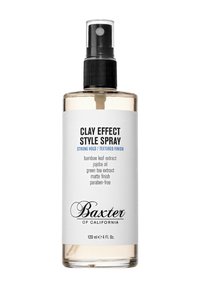Durchsichtige Kunststoffsprühflasche mit schwarzem Pumpenkopf, die 120 ml Spray im Clay-Effekt-Stil enthält. Verfügt über ein weißes Etikett mit schwarzem Text.