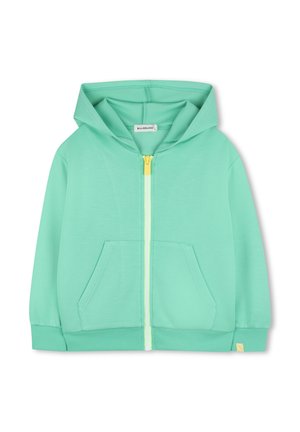 Hanorac cu fermoar pentru copii, verde mentă, cu buzunare frontale, manșete și tiv striate, fermoar galben și glugă atașată.