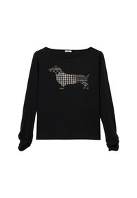 Czarna koszula z długim rękawem z wzorem jamnika w białym wzorze pepitki. Miękka tkanina z marszczeniami na rękawach.