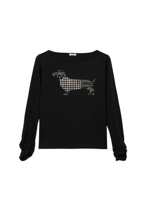 Czarna koszula z długim rękawem z wzorem jamnika w białym wzorze pepitki. Miękka tkanina z marszczeniami na rękawach.