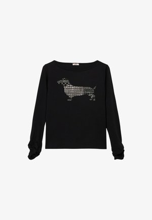 Černé tričko s dlouhým rukávem s motivem jezevčíka v bílém pepitovém vzoru. Měkká látka s nařaseným detailem na rukávech.
