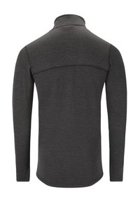 Pullover a maniche lunghe di colore grigio scuro con colletto alto, stoffa testurizzata e design posteriore liscio. Presenta una cucitura orizzontale sulla parte superiore della schiena.