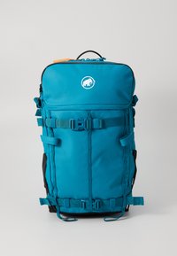 Teal ryggsekk med flere justerbare stropper, svarte detaljer, håndtak på toppen og en hvit logo på fronten. Jevn tekstur.