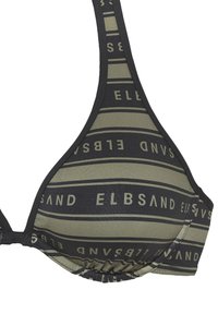 Juodas ir alyvuogių žaliai maudymosi viršus su trikampio forma, su pakartotine horizontaliai tekstų eilute "ELBSAND". Lygi medžiaga, reguliuojamos petnešėlės.