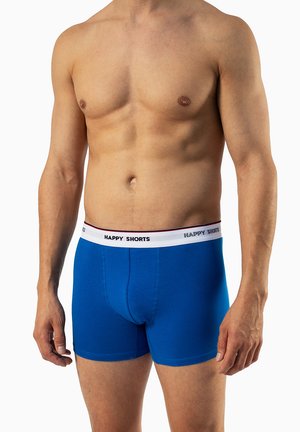 Blauwe boxershorts van zachte stof, met een witte tailleband met zwarte tekst "HAPPY SHORTS." Aansluitend ontwerp met een gladde textuur.