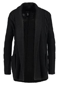Czarny dziergany kardigan z teksturowanym wzorem warkocza, otwartym przodem, dwoma przednimi kieszeniami oraz ściągaczami na mankietach i dole.