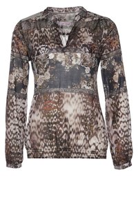 Blouse à manches longues pour femme avec motifs mélangés d'animaux et floraux dans des tons marron, noir et beige, dotée d'un col en V et d'un ourlet élastique.