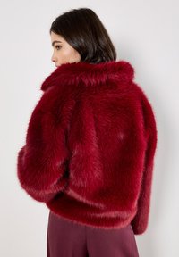 Faux-Fur-Jacke in Dunkelrot mit einem plüschigen Textur, ausgestattet mit einem Kragen und langen Ärmeln. Das Design ist kurz geschnitten und hat eine taillierte Form.