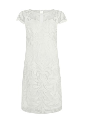 Abito bianco lungo fino al ginocchio con maniche corte trasparenti e motivo ricamato floreale in rilievo su tutto il tessuto.