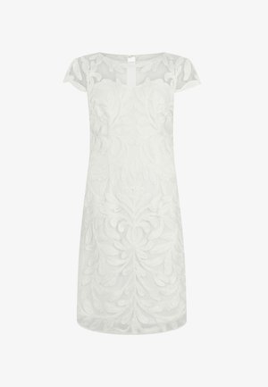 Abito bianco lungo fino al ginocchio con maniche corte trasparenti e motivo ricamato floreale in rilievo su tutto il tessuto.