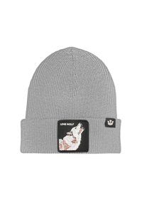 Beanie grigia a maglia con una texture a coste. Presenta una toppa nera con un lupo ricamato e il testo "LONE WOLF". Accentuata da una piccola toppa con logo.