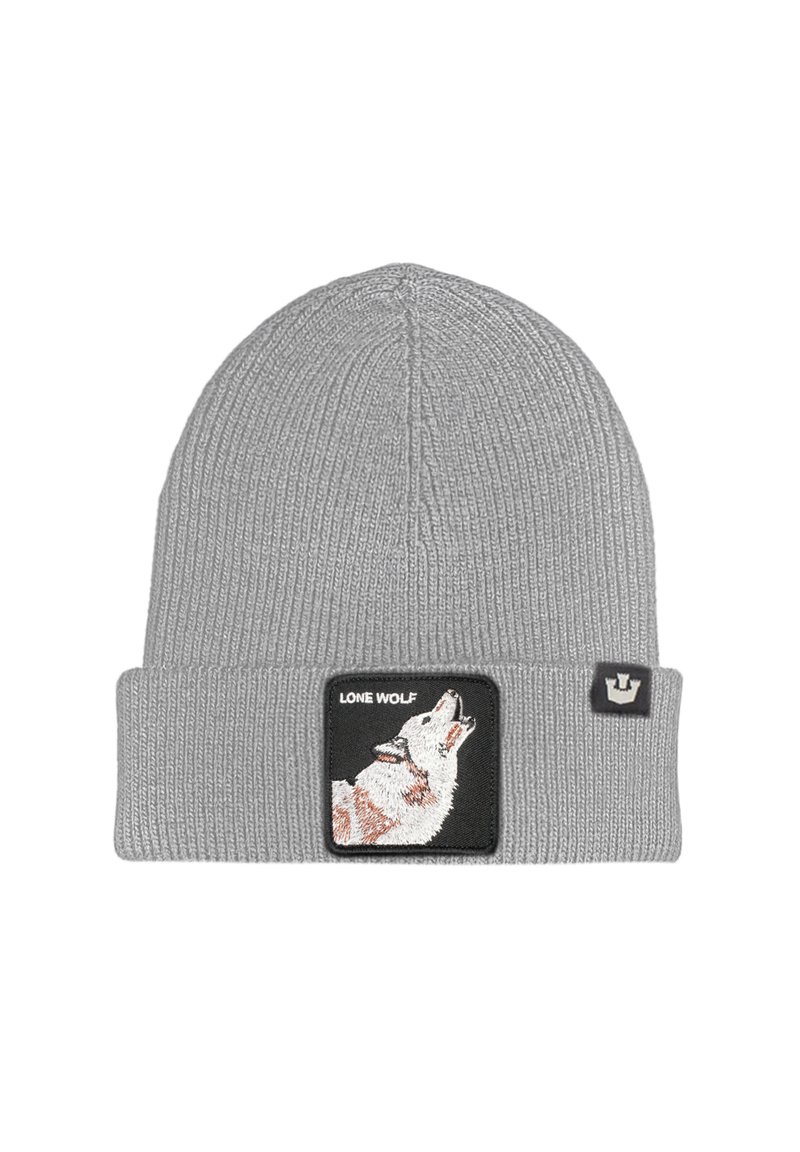 Beanie grigia a maglia con una texture a coste. Presenta una toppa nera con un lupo ricamato e il testo "LONE WOLF". Accentuata da una piccola toppa con logo.
