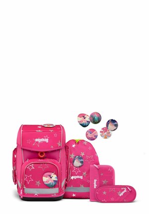 Pink backpack set with silver star patterns, including a main backpack, smaller bag, pencil case, and themed buttons for customization.