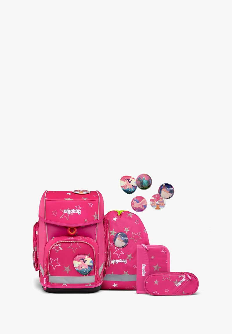 Pink backpack set with silver star patterns, including a main backpack, smaller bag, pencil case, and themed buttons for customization.