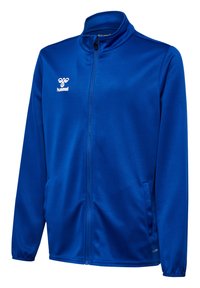 Blauwe sportjacket van gladde stof, met een opstaande kraag, ritssluiting aan de voorkant, zijzakken en een klein wit logo op de borst.