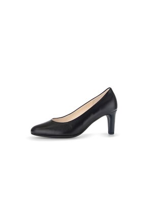 Black leather high-heeled pump with a pointed toe, smooth texture, and a tapered heel. Interior features a nude lining.