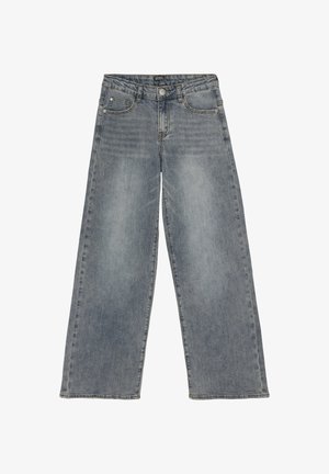 Hoge taille, wijde pijpen blauwe spijkerbroek met een vervaagde textuur, vijf zakken en metalen knoopsluiting. Zichtbare stiksels langs de naden.