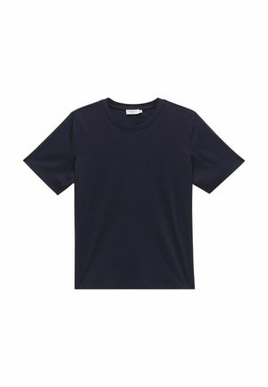 T-paita tummansinisestä pehmeästä puuvillasta, lyhyillä hihoilla. Ominaisuuksiin kuuluu pyöreä kaula-aukko, suora helma ja yksinkertainen muotoilu ilman kuvioita tai yksityiskohtia.