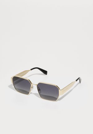Gold-toned octagonal sunglasses with dark gray lenses. Black plastic temple tips and small hardware accents on the frame.