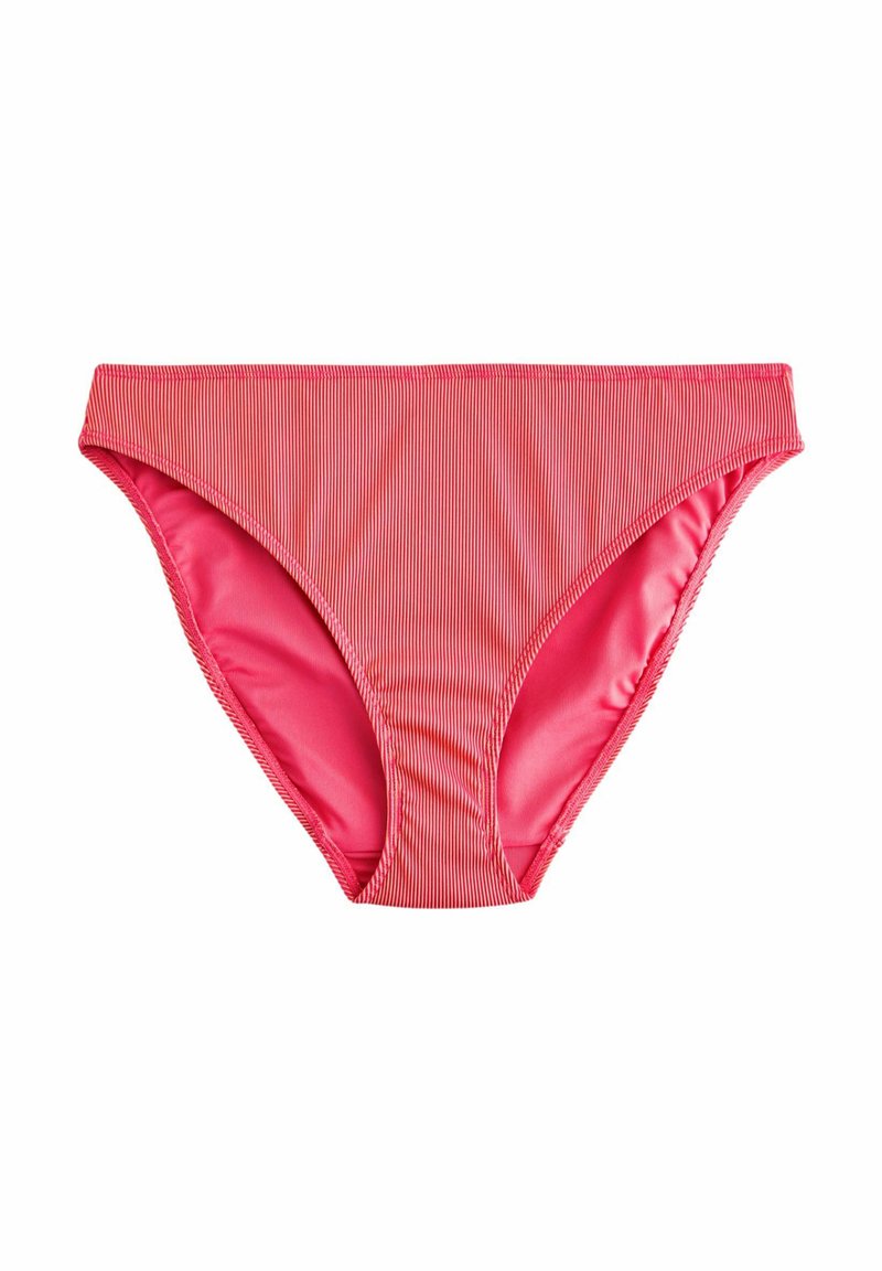 Ružový bikinový spodok s horizontálnymi pruhmi, vyrobený z hladkého materiálu. Má mierne vyšší strih po stranách a elastický pás.