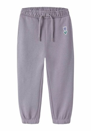 Light gray sweatpants with an elastic waistband, adjustable drawstring, and embroidered tulip design on the left leg. Elastic cuffs at ankles.