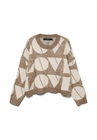Pull court crème et marron avec des motifs géométriques en 'O' et 'V', col rond côtelé et tissu tricoté texturé.