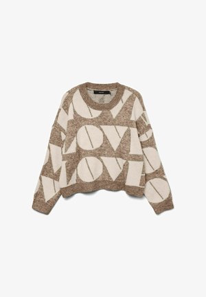 Cream and brown cropped sweater featuring geometric 'O' and 'V' patterns, ribbed crew neck, and textured knit fabric.