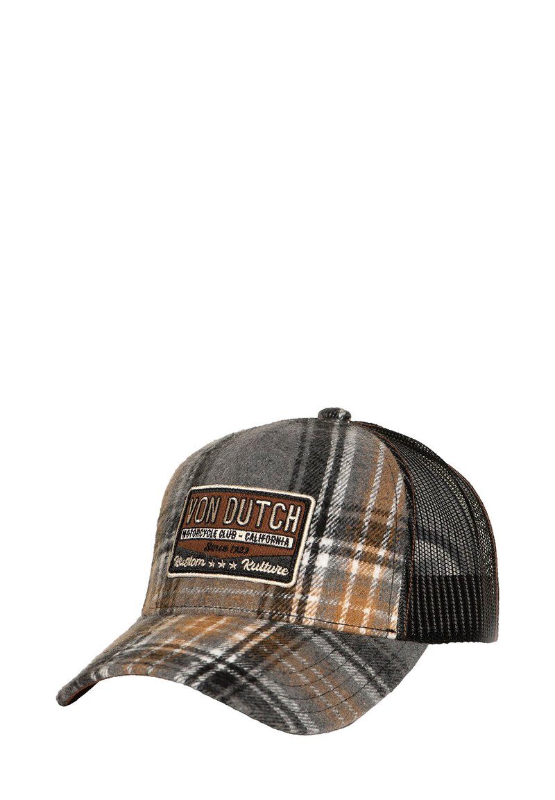 Plaid cap in gray, brown, and white, featuring a brown logo patch. Fabric front with mesh back for breathability and adjustable fit.