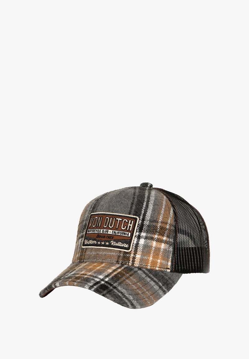 Casquette à carreaux en gris, marron et blanc, avec un patch logo marron. Devant en tissu avec un dos en maille pour la respirabilité et un ajustement réglable.