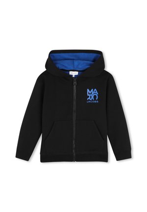 Sweat à capuche noir zippé avec doublure intérieure bleue et logo bleu "Marc Jacobs" sur la poitrine gauche, avec poches avant et capuche.