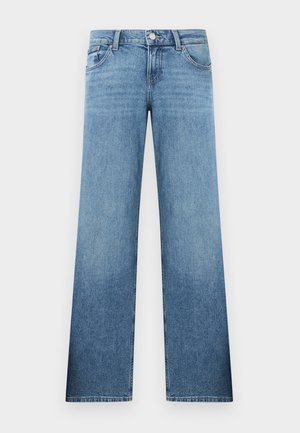 Lyseblå rette jeans i denim med fronthall, glidelås, beltehemper og lommer foran og bak.