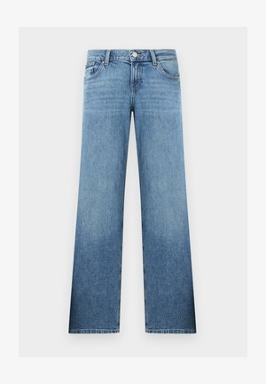 Lyseblå rette jeans i denim med fronthall, glidelås, beltehemper og lommer foran og bak.