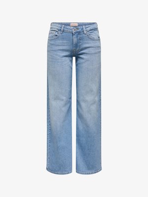 Lichtblauwe jeans met een hoge taille en een wijde pijp, met knoop- en ritssluiting aan de voorkant, riemlussen en voor- en achterzakken.
