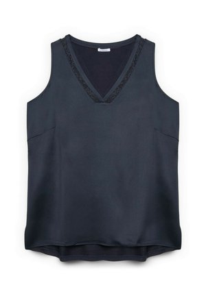 Ærmeløs mørk marineblå V-hals bluse med blondekant langs halsudskæringen, løs pasform og let buet kant.